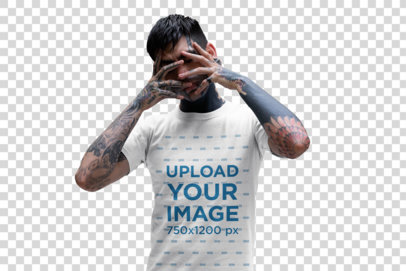 Transparent T-Shirt Mockup of a Tattooed Man Covering His Face in a Room