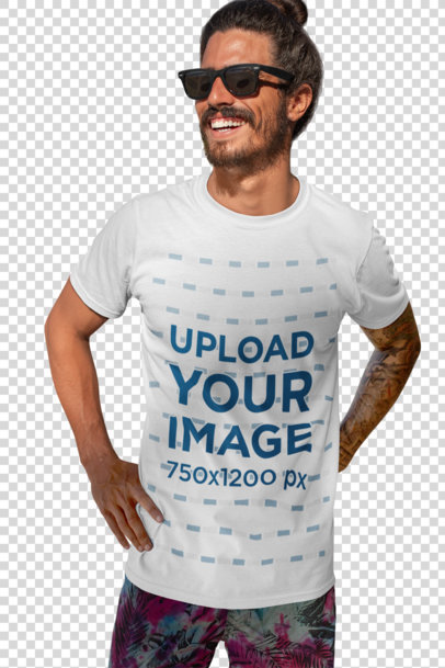 Transparent T-Shirt Mockup of a Smiling Man with Sunglasses by the Beach