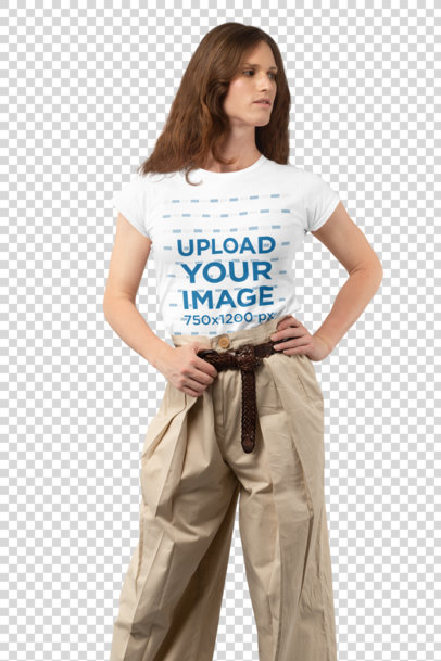 Transparent Mockup Featuring a Long-Haired Woman Wearing a Customizable T-Shirt at a Studio