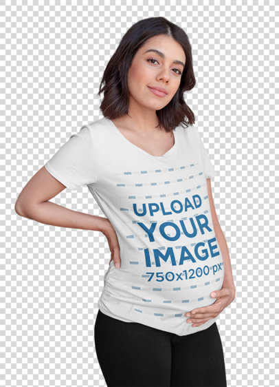 Transparent Tee Mockup Featuring a Pregnant Young Woman in Her Living Room