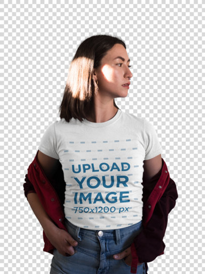 Transparent Crewneck Tee Mockup Featuring an Indie Woman Posing Against a White Wall 
