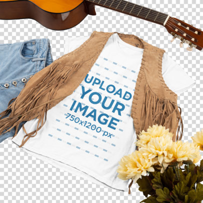 Transparent T-Shirt Mockup Featuring a Hippie Outfit and a Guitar 43294