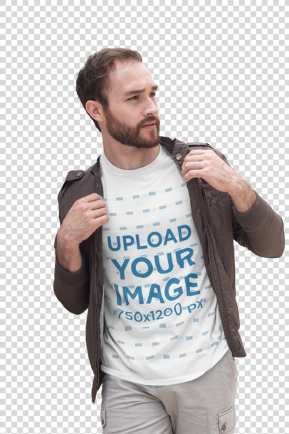 Transparent Shirt Mockup of a Bearded Man Leaning Against a White Brick Wall