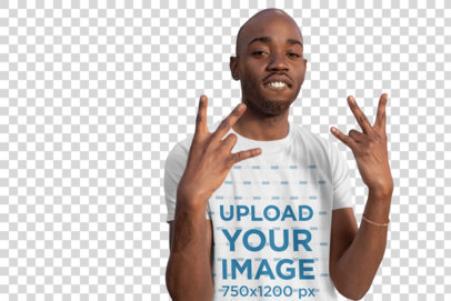 Transparent T-Shirt Mockup Featuring a Man Making Modern Hand Gestures