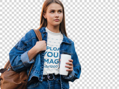 Transparent T-Shirt Mockup of a Stylish Young Woman on the Street