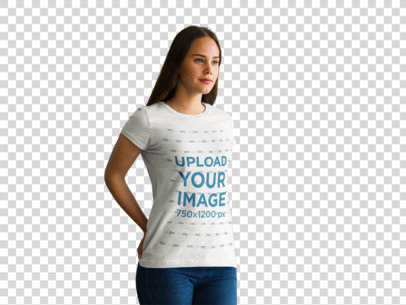 Transparent Young Woman Standing in Front of a Wall T-Shirt Mockup
