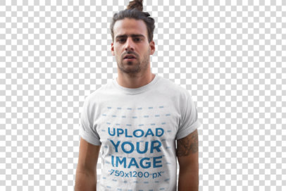 Transparent Round Neck Tee Mockup of a Man with a Tattoo on the Street