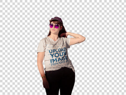 Transparent T-Shirt Mockup of a Hipster Woman Wearing a Sunglasses a12079