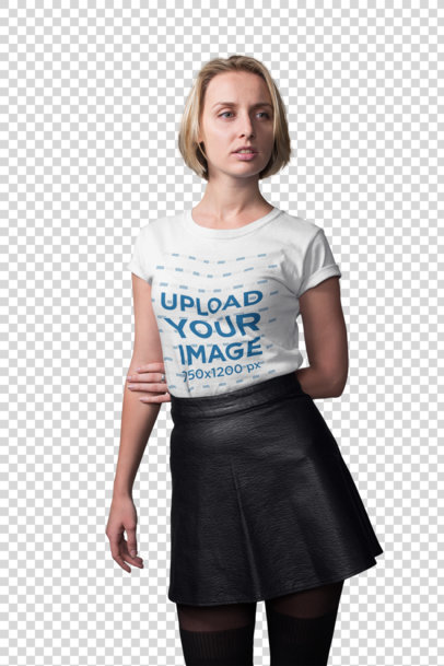 Transparent Short-Haired Beautiful Woman Wearing a T-Shirt Mockup and a Black Skirt