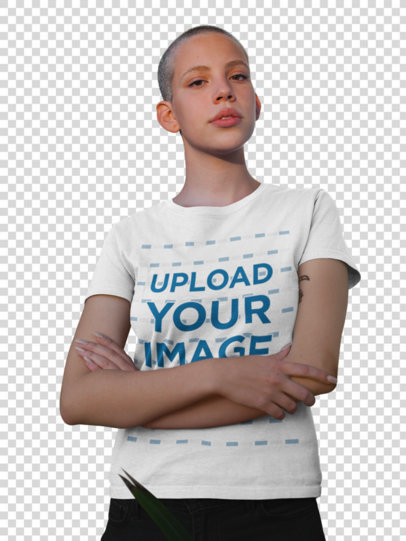 Transparent Tee Mockup of an Alternative Woman with a Buzz Cut Haircut Crossing Her Arms