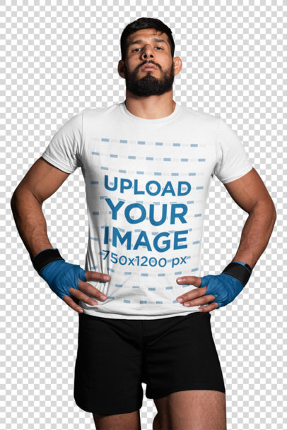 Transparent T-Shirt Mockup of an MMA Wrestler Against a Wall