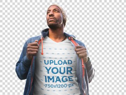 Transparent T-Shirt Mockup of a Man Wearing a Winter Outfit