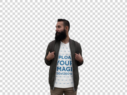 Transparent T-Shirt Mockup Featuring a Hipster Bearded Man Carrying a Backpack a11525
