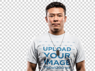 transparent t-shirt mockup of an army veteran wearing a dog tag 21247
