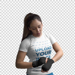 Transparent T-Shirt Mockup of a Woman Adjusting Her Hand Wraps a14253