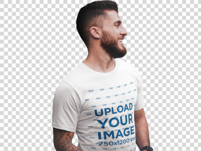 Transparent Smiling Bearded Man Wearing a T-Shirt Mockup at a 4th of July BBQ Party