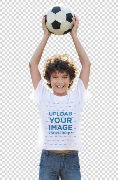 Transparent T-Shirt Mockup of a Happy Boy Holding a Soccer Ball Over His Head 43111-r-el2