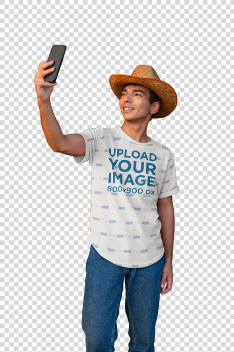 Transparent Sublimated T-Shirt Mockup of a Happy Man Taking a Selfie by an Old Train Wagon 