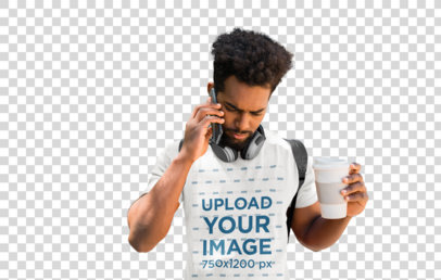 Transparent T-Shirt Mockup of a Serious Man Talking on the Phone on His Way to School