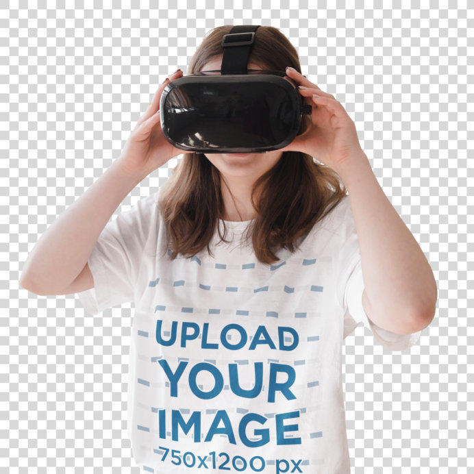 Transparent T-Shirt Mockup Featuring a Young Long-Haired Woman Wearing a VR Headset 