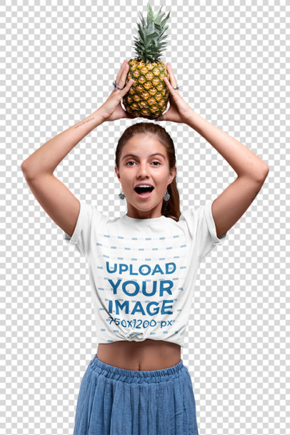 Transparent Mockup of a Woman Wearing a Knotted Tee While Holding a Pineapple over Her Head