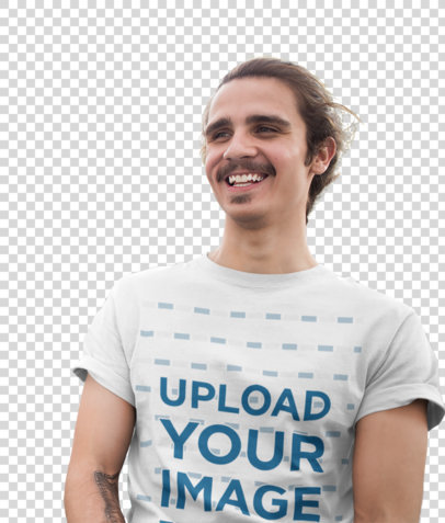 Transparent Mockup of Smiling Man in an Outdoor Cafeteria Wearing a T-Shirt 20154
