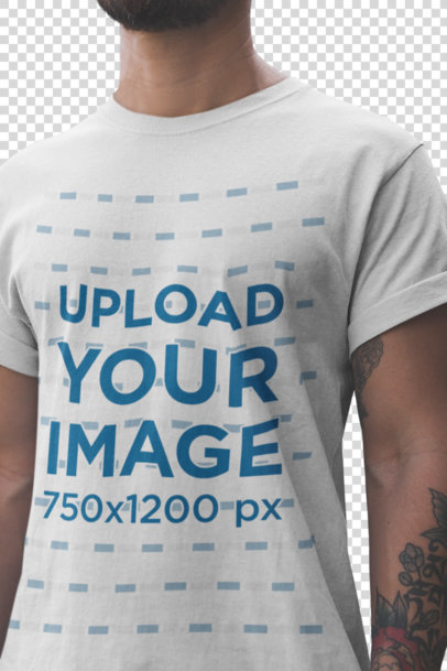 Transparent  T-Shirt Mockup of a Closeup of a Man with a Beard and Tattoos