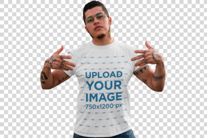 Transparent T-Shirt Mockup of a Tattooed Man Showing Swag on the Street