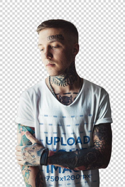 Transparent Mockup of a Tattooed Man Wearing a V-Neck T-Shirt