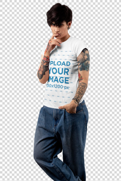 Transparent T-Shirt Mockup of an Androgynous Woman at a Studio