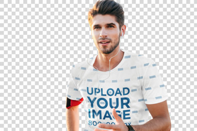 Transparent Sublimated Tee Mockup of a Man Running with Headphones
