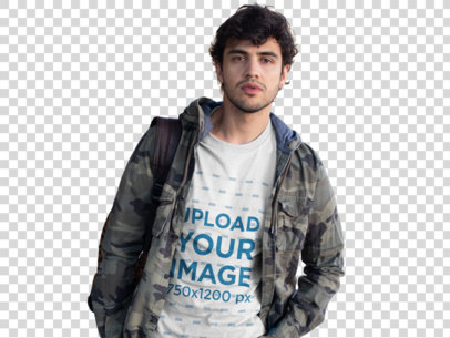 Transparent T-Shirt Mockup of Young Man Posing in Front of a House