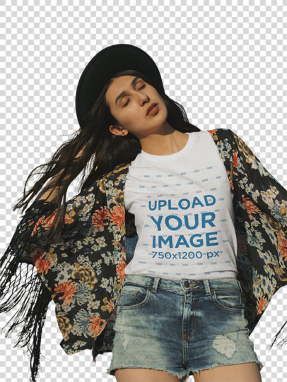 Transparent T-Shirt Mockup of a Woman Closing Her Eyes and Holding Her Fedora 18886