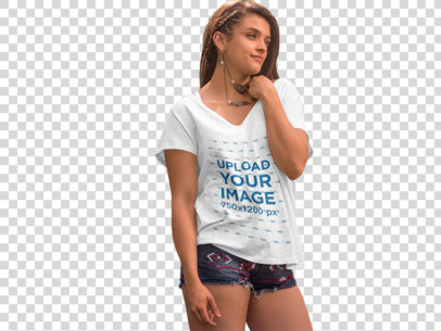 transparent t-shirt mockup of a young woman wearing short shorts a7618