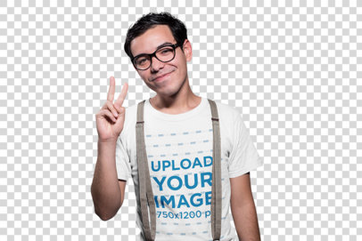 Transparent Smiling Nerd Wearing a T-Shirt Mockup and Suspenders Doing the Peace Sign