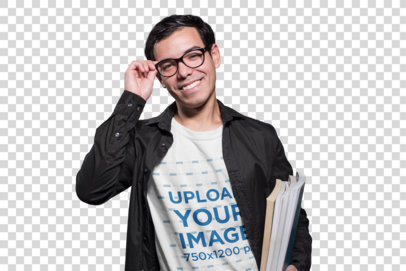 Transparent Nerd Guy Wearing a T-Shirt Mockup While Carrying Books