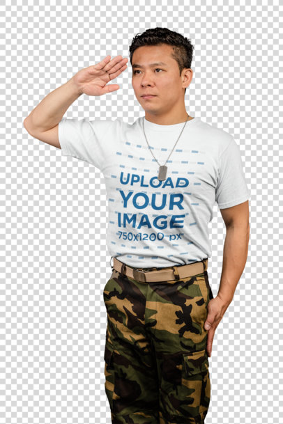 Transparent Tshirt Mockup of a Military Man Saluting Against a Gray Background 21261
