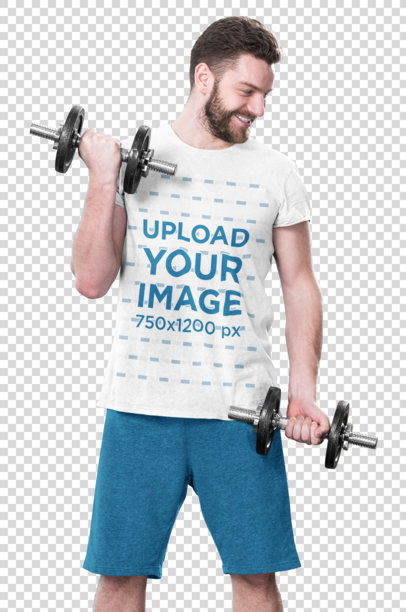 Transparent T-Shirt Mockup of a Bearded Man Doing Bicep Curls