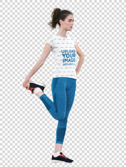 Transparent Sublimated T-Shirt Mockup of a Woman Stretching Her Leg Before Running 