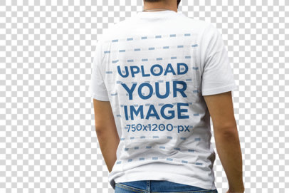 Transparent Back-View Mockup of a Man Wearing a Customizable T-Shirt by a Graffitied Wall