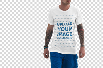 Transparent Mockup of a Man Wearing a T-Shirt Featuring the Sea in the Background