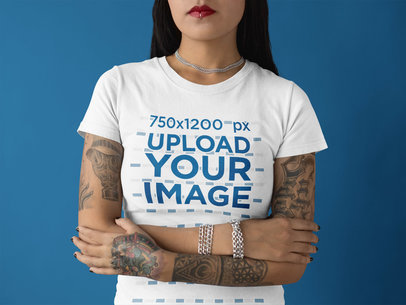 Cropped Face Woman Wearing a Round Neck Tshirt Mockup While Standing Against a Solid Background