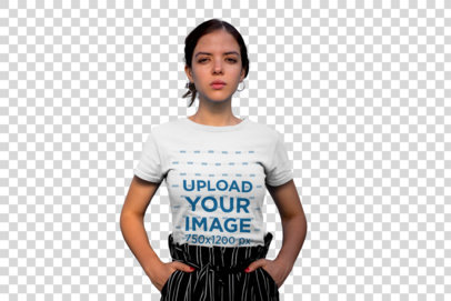 Transparent Mockup of a Trendy Woman Wearing a Tee with Her Hands in Her Pockets