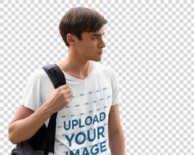 Transparent Mockup Featuring a Serious Man Wearing a Heathered V-Neck Tee