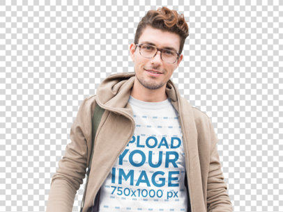 Transparent Front Tee Mockup of a Young Hipster Near an Urban Scape
