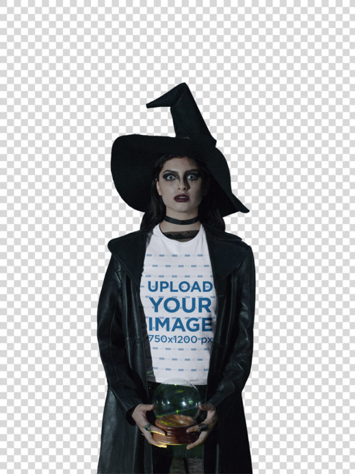 Transparent T-Shirt Mockup Featuring a Woman Wearing a Spooky Witch Costume