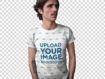 Transparent White Dude Wearing a Sublimated Tee Template While Walking in an Urban Market a15360