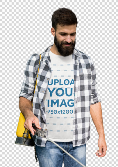 Transparent T-Shirt Mockup Featuring a Farmer in a Greenhouse 