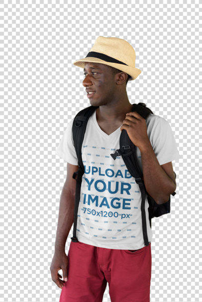 Transparent V-Neck Tee Mockup of a Tourist Standing on the Street