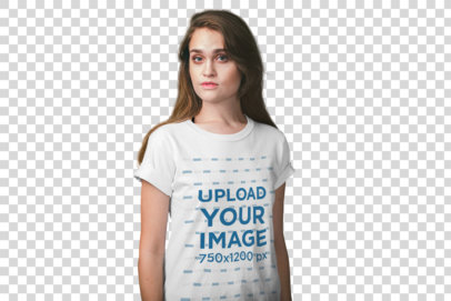 Transparent Woman Wearing a T-Shirt Mockup Standing Against a White Background